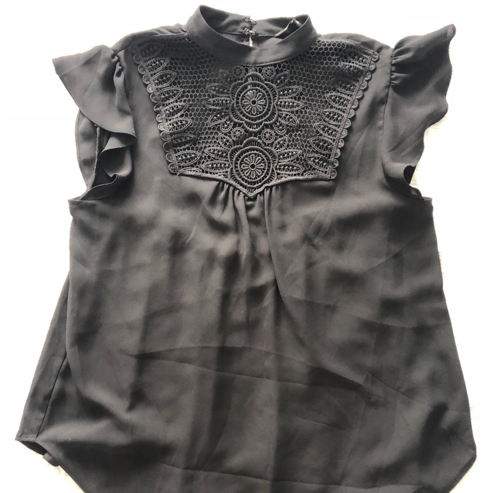 Black Chiffon Top with Lace Bib Detail